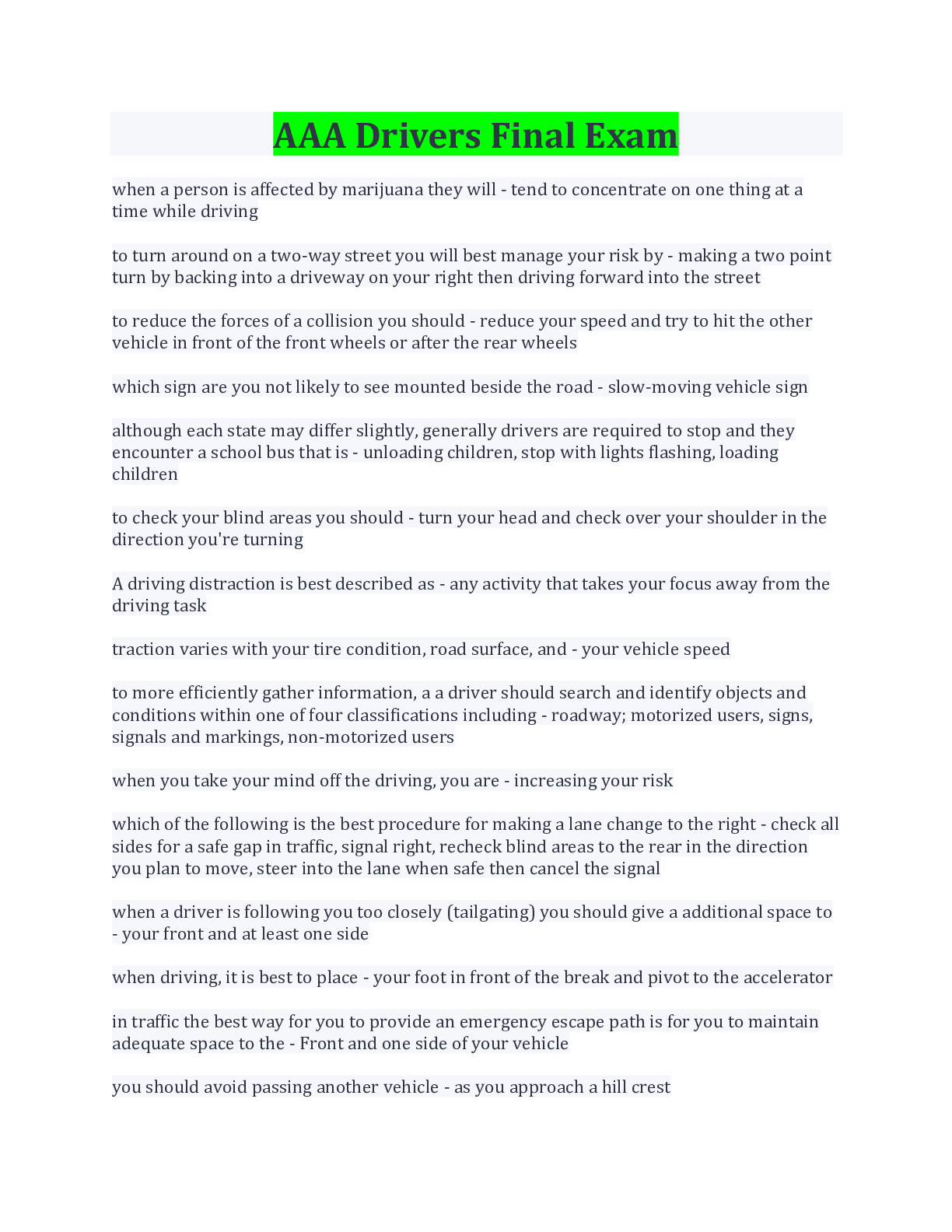 Preview image for AAA Drivers Final Exam Questions And Answers